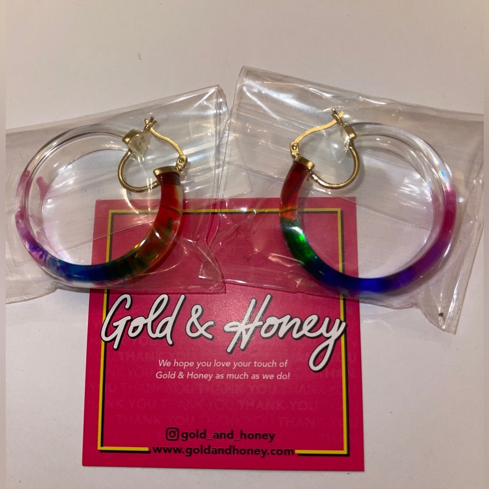 Gold & Honey Rainbow Tie Dye Acrylic Resin Small Hoop Pride Earrings Rare!